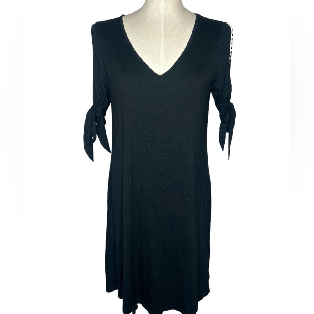 Plunging V-Neck Split Sleeve Black Mini Dress
